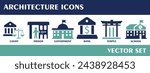 Architecture icons. Containing court, prison, goverment, bank, temple, school. Solid icon collection. Vector set. 