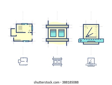 Iconos de arquitectura. Dibujo plano, esquema del suelo y esbozo de papel