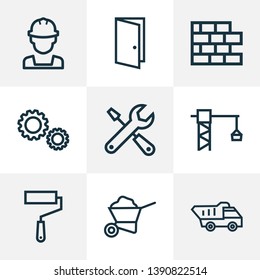 Architecture icons line style set with wall, paint roller, cogwheel and other door elements. Isolated vector illustration architecture icons.