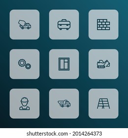 Architecture icons line style set with cement vehicle, digger, wall and other tipper elements. Isolated vector illustration architecture icons.
