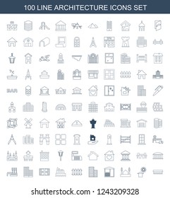 architecture icons. Set of 100 line architecture icons included barn, house under sun, mosque, gazebo on white background. Editable architecture icons for web, mobile and infographics.