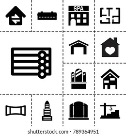 Architecture icons. set of 13 editable filled architecture icons such as barn, garage, wooden wall, business center, gate, panorama mode, home connection, construction  crane