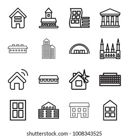 Architecture icons. set of 16 editable outline architecture icons such as building, modern curved building, castle, barn, court, window, clean house, house signal