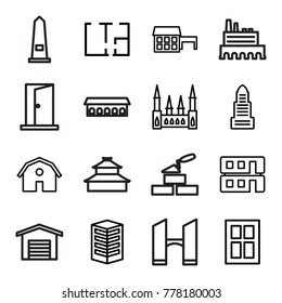 Architecture icons. set of 16 editable outline architecture icons such as barn, castle, business center, window, house, building, house builidng, plan, garage, brick wall
