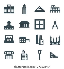 Architecture icons. set of 16 editable filled architecture icons such as coliseum, building, castle, observatory, house, street lamp, shop, broken house, compass, window