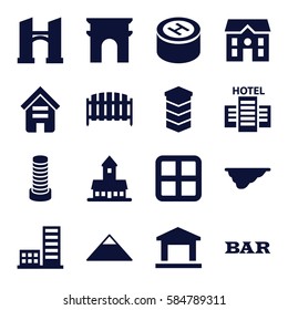 architecture icons set. Set of 16 architecture filled icons such as building, window, castle, business center building, pyramid, Arc de Triomphe, bridge, Bar, house, fence