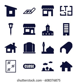 Architecture icons set. set of 16 architecture filled icons such as plan, mosque, house building, castle, building, tunnel, gate, window, street lamp, city landscape, close