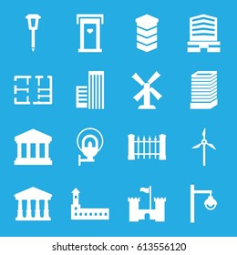 Architecture icons set. set of 16 architecture filled icons such as fence, door with heart, castle, court, mill, business center building, business center, street lamp