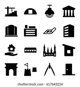 Architecture icons set. set of 16 architecture filled icons such as plan, building, court, castle, Arc de Triomphe, barn, gate, home care, cargo barn, house building