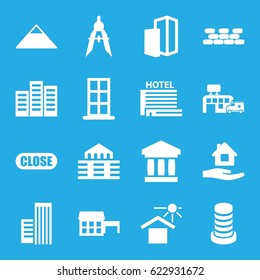 Architecture icons set. set of 16 architecture filled icons such as building, pyramid, door, home care, compass, house under sun, hospital, close, hotel, brick wall, bank