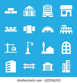 Architecture icons set. set of 16 architecture filled icons such as fence, window, building, barn, mosque, Coliseum, brick wall, business center, street lamp, shop, garage