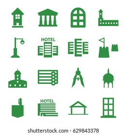 Architecture icons set. set of 16 architecture filled icons such as home, window, castle, mosque, wooden wall, court, building, door, office room, compass, street lamp, hotel