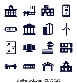 Architecture icons set. set of 16 architecture filled icons such as building, garage, bridge, barn, airport tower, spa building, window, close, mill, door