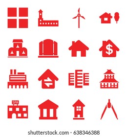 Architecture icons set. set of 16 architecture filled icons such as castle, building, temple, gate, spa building, home connection, mill, bank, compass, cube, house and tree