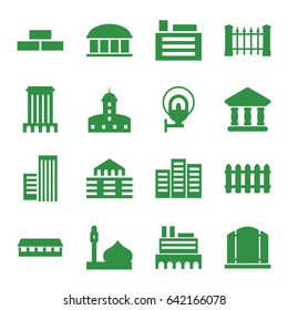 Architecture icons set. set of 16 architecture filled icons such as fence, castle, mosque, building, brick wall, observatory, barn, gate, bank