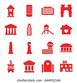Architecture icons set. set of 16 architecture filled icons such as business centre, court, lighthouse, business center building, observatory, arch, monument, airport tower