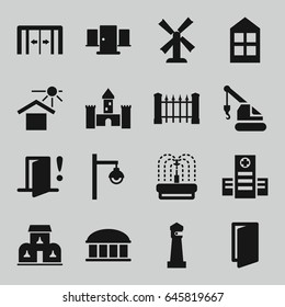 Architecture icons set. set of 16 architecture filled icons such as sliding doors, fence, lighthouse, mill, observatory, window, door, crane, fountain, hospital