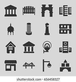 Architecture icons set. set of 16 architecture filled icons such as building, mosque, lighthouse, business center building, arch, toy tower, fence, hospital, bridge, bank