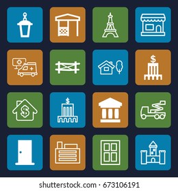 Architecture icons set. set of 16 architecture filled and outline icons such as fence, door, street lamp, gazebo, bank, window, eiffel tower, crane, hospital, building, castle