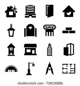 Architecture icons set. set of 16 architecture filled icons such as barn, greek column, brick wall, door, building, clean house, business center, compass, street lamp, plan