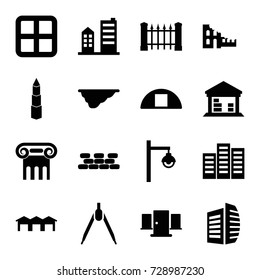 Architecture icons set. set of 16 architecture filled icons such as window, fence, building, greek column, business center, cargo barn, garage, street lamp, brick wall