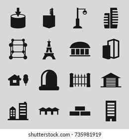 Architecture icons set. set of 16 architecture filled icons such as fence, brick wall, building, observatory, eiffel tower, office room, street lamp, garage, entrance, cube