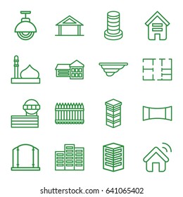 Architecture icons set. set of 16 architecture outline icons such as home, building, mosque, airport tower, gate, fence, panorama mode, builidng, plan, street lamp