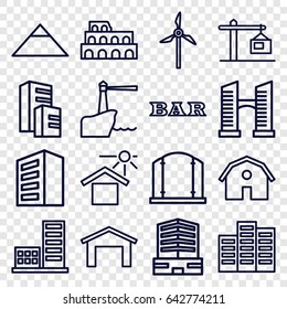 Architecture icons set. set of 16 architecture outline icons such as building, barn, garage, coliseum, pyramid, bridge, gate, bar, business center, house under sun