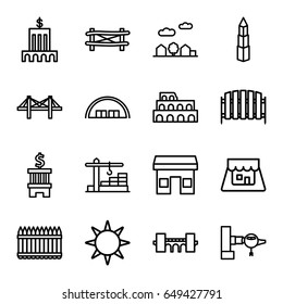 Architecture icons set. set of 16 architecture outline icons such as jetway, fence, barn, coliseum, bridge, shop, builidng, city landscape, construction  crane, hotel, store