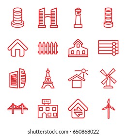 Architecture icons set. set of 16 architecture outline icons such as building, fence, wooden wall, lighthouse, mill, business center building, bridge, eiffel tower