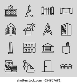 Architecture icons set. set of 16 architecture outline icons such as compass, modern curved building, fence, building, monument, eiffel tower, office room, crane