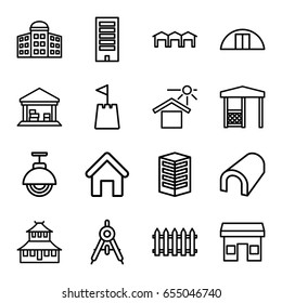 Architecture icons set. set of 16 architecture outline icons such as compass, house building, fence, building   isolated  sign symbol, building, tunnel, temple, gazebo