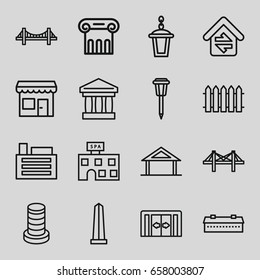 Architecture icons set. set of 16 architecture outline icons such as sliding doors, home, barn, greek column, bridge, monument, spa building, street lamp, home connection