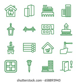 Architecture icons set. set of 16 architecture outline icons such as window, castle, wooden wall, bridge, street lamp, house builidng, building, eco house, door warning