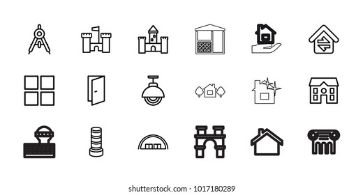 Architecture icons. set of 18 editable outline architecture icons: compass, barn, business center building, door, house, cube, home connection, street lamp, castle