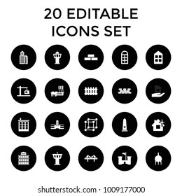 Architecture icons. set of 20 editable filled architecture icons such as fence, mosque, brick wall, airport tower, window. best quality architecture elements in trendy style.