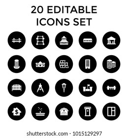 Architecture icons. set of 20 editable filled architecture icons such as compass, door with heart, building, bridge, barn. best quality architecture elements in trendy style.