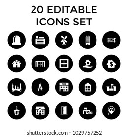 Architecture icons. set of 20 editable filled architecture icons such as fence, sliding doors, barn, castle, window. best quality architecture elements in trendy style.
