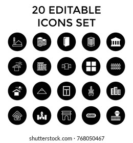 Architecture icons. set of 20 editable filled and outline architecture icons such as door, cube, house under sun, court building, close, castle, fence, mosque, pyramid