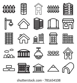 Architecture icons. set of 25 editable outline architecture icons such as building, house building, business centre, fence, pyramid, brick wall, business center, tunnel, gate