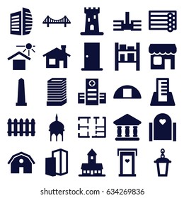 Architecture icons set. set of 25 architecture filled icons such as castle, barn, door with heart, mosque, house building, wooden wall, business center building, door, bridge