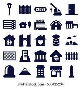 Architecture icons set. set of 25 architecture filled icons such as building, barn, wooden wall, pyramid, bridge, monument, crane, street lamp, fence, home with heart