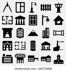 Architecture icons set. set of 25 architecture filled icons such as business centre, court, pyramid, greek column, castle, airport tower, window, house, street lamp