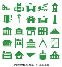 Architecture icons set. set of 25 architecture filled icons such as building, barn, chichen itza, court, observatory, monument, window, crane, street lamp, fence, hospital