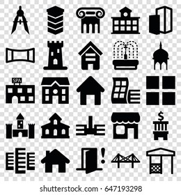 Architecture icons set. set of 25 architecture filled icons such as house building, building, castle, mosque, greek column, house, compass, gazebo, fountain, bridge
