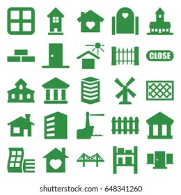 Architecture icons set. set of 25 architecture filled icons such as building, window, modern curved building, fence, castle, house building, mill, brick wall, house under sun