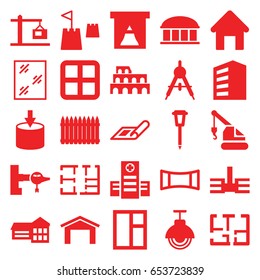 Architecture icons set. set of 25 architecture filled icons such as jetway, compass, plan, house building, window, building, garage, coliseum, observatory, crane, street lamp