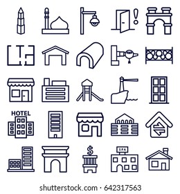 Architecture icons set. set of 25 architecture outline icons such as jetway, garage, mosque, house building, door, building, tunnel, arch, arc de triomphe, spa building, fence