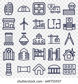 Architecture icons set. set of 25 architecture outline icons such as building, window, business center building, observatory, bridge, airport tower, clean house, hospital