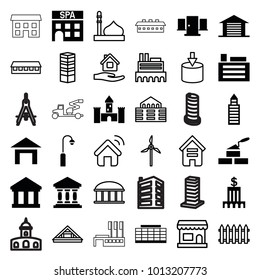 Architecture icons. set of 36 editable filled and outline architecture icons such as building, bank, garage, door, castle, business centre, fence, mosque, observatory, barn